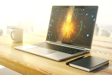 Creative idea concept with light bulb and microcircuit illustration on modern laptop screen. Neural...