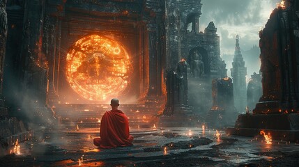 Asian monk emanates tranquility, enveloped in the eternal light of the universe, invoking deep spiritual reverence and ritual.