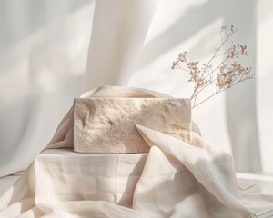 Elegant Minimalist Stone Podium with Soft Beige Fabric and Gentle Shadows in a Bright Natural Light Setting for Product Showcase
