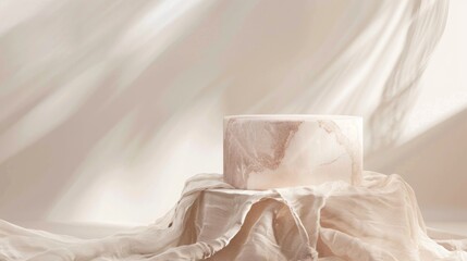 Elegant Marble Podium on Textured Linen Fabric Under Natural Sunlight Effect in Minimalist Beige Gradient Background