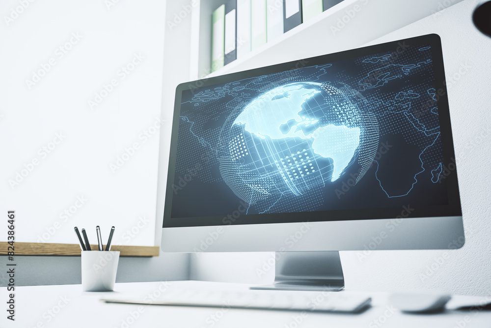 Poster computer monitor with digital america map, global technology concept. 3d rendering