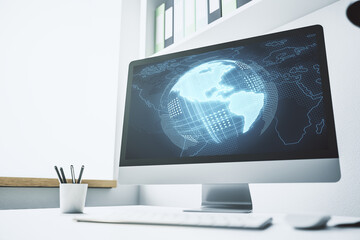 Fototapeta premium Computer monitor with digital America map, global technology concept. 3D Rendering