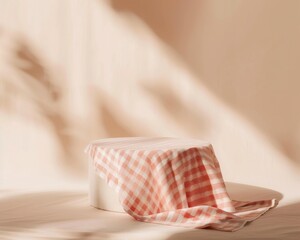 Minimalist Linen Podium with Classic Red Gingham Fabric in Soft Ambient Lighting Against a Textured Beige Background