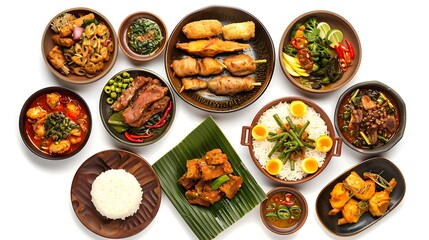 Authentic Indonesian Culinary Delights in High Definition 8K Top View on White Background