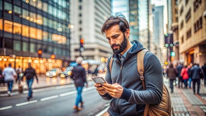 Urban Traveler with Smartphone (16:9): A close-up of an urban traveler checking their smartphone for directions in a bustling city.	
