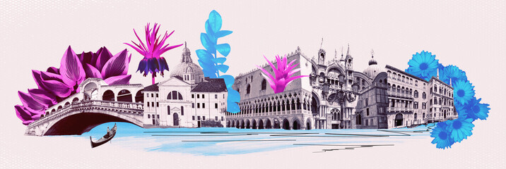 Contemporary artwork. Creative design in retro style. Color image if beautiful buildings in Venice. Vintage town. Concept of creativity, surrealism, imagination, futuristic landscape. Poster