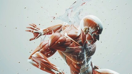 The 3D x ray highlights the muscular system displaying muscle contractions and the coordination between various muscle groups during physical activity.