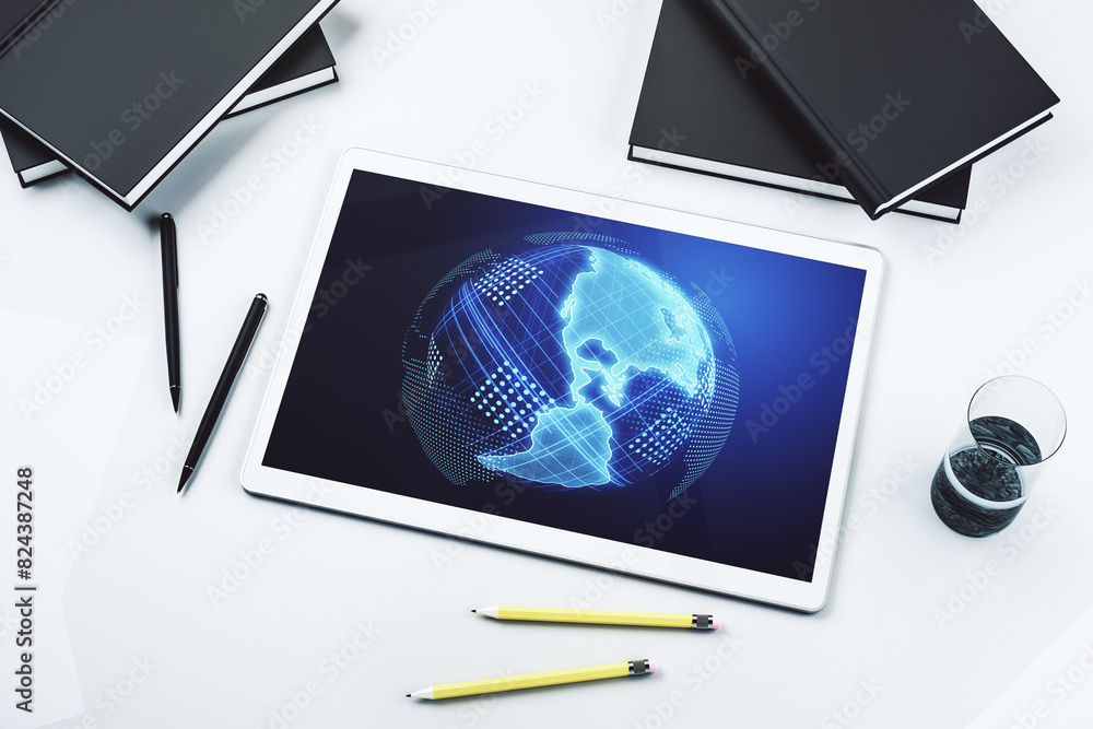 Poster america map on modern digital tablet screen, big data and digital technology concept. top view. 3d r