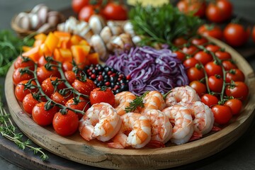 a vibrant Asian salad adorned with succulent shrimp, a tantalizing and nutritious dish capturing the essence of Asian culinary finesse.