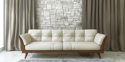 Modern sofa set with cream leather and wood frame, white stone wall background, and brown curtains