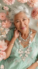 Naklejka premium Radiant Senior Mixed Heritage Woman Celebrates Individuality in Vibrant Floral Dress Surrounded by Blooming Flowers