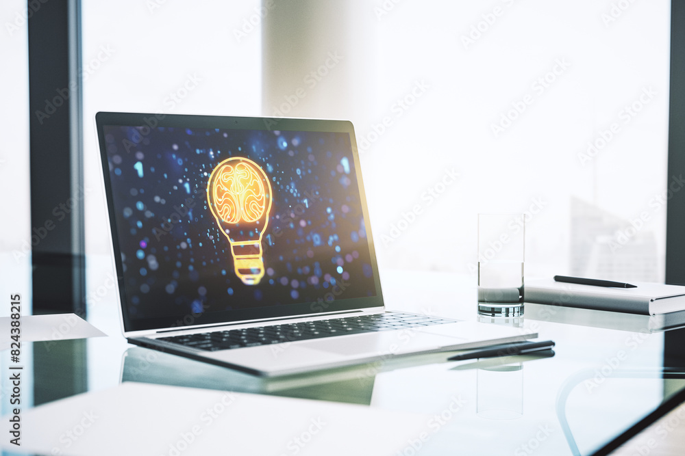 Leinwandbilder modern computer monitor with creative light bulb hologram with human brain, idea and brainstorming c