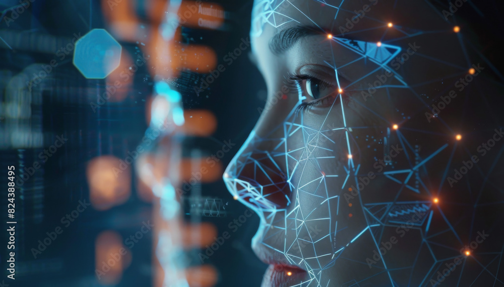 Poster close-up of advanced facial recognition system in action