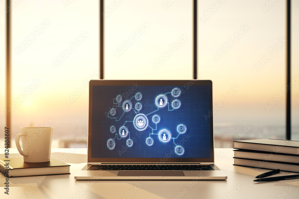 Aufkleber Modern computer display with social network icons concept. Networking concept. 3D Rendering
