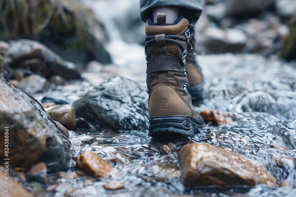 Wall mural Hikers Crossing a Stream, Close-up of Boots Walking Through Water in a Forested Area