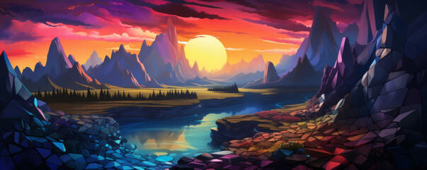 A breathtaking low poly artwork, A sunset over a tranquil landscape, featuring rocky mountains, a calm lake, and vibrant colors reflected in the sky and water.