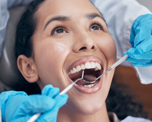 Checkup, woman and dentist with tools, procedure and appointment for teeth whitening. Dental...