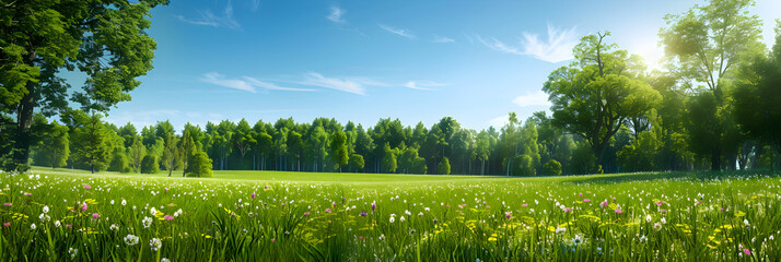 Idyllic Summer Meadow with Blooming Wildflowers and Sunlit Green Landscape Reflecting Nature's...