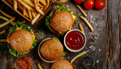 French fries and burgers fast food background, top view