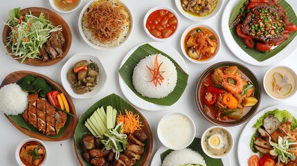 Authentic Indonesian Cuisine Spread in HD 8K Top View on White Background