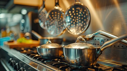 commercial photo, close-up, kitchen utensils, bottom view, soft light