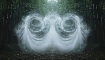 Obraz premium Swirls of mist float symmetrically through a forest, creating an enchanting and mystical background.