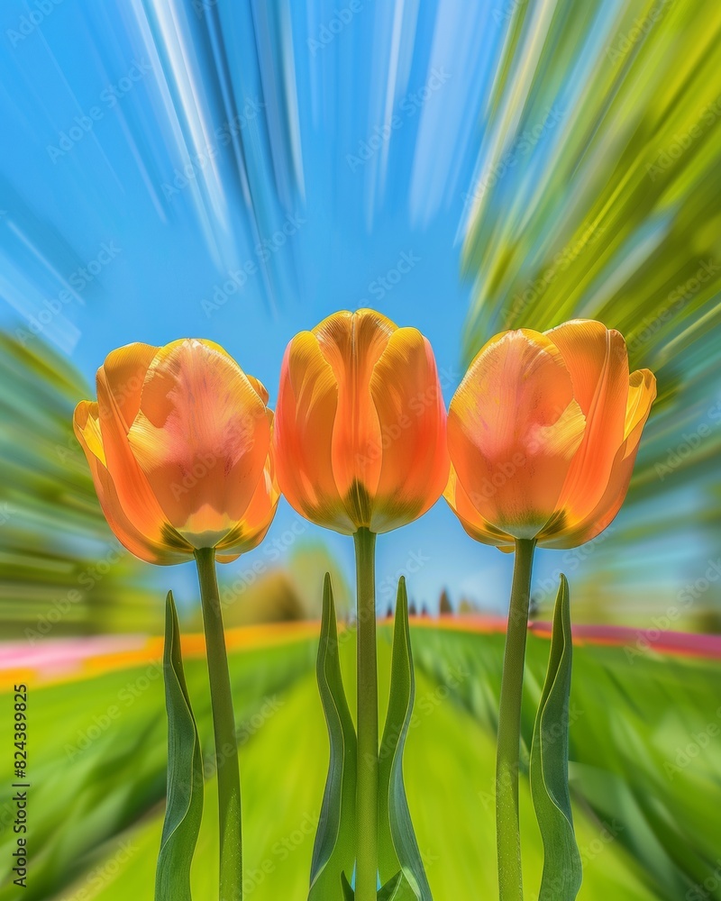 Poster symmetrical abstract blurry image of three tulips in a green field under blue sky using long exposur