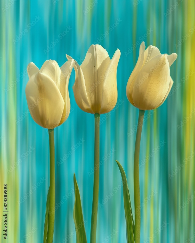 Poster abstract ethereal tulips in field: blurry symmetrical floral composition with blue sky background, u
