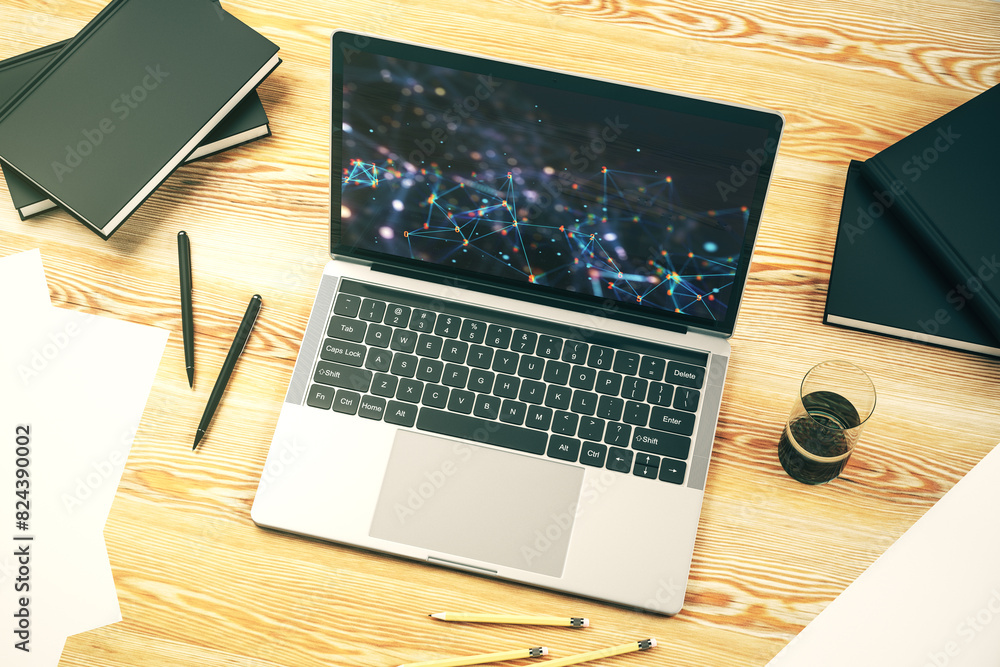 Aufkleber Creative concept of wireless technology on modern laptop screen. Big data and database concept. 3D Rendering