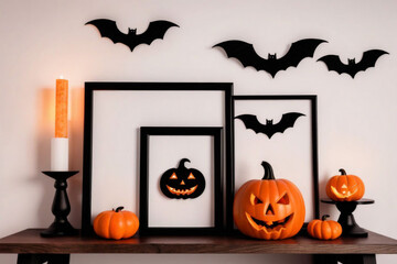 Mock up black frame with Jack o Lantern and pumpkin decor on a shelf or desk. Halloween concept. Portrait frame against a white wall with bats.