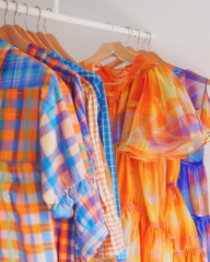 Vibrant Gingham Fashion Collection Displayed on Hangers in a Bright Setting, Highlighting Colorful Clothing Designs