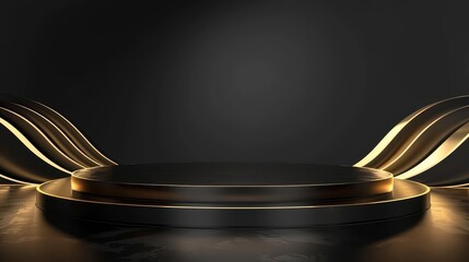 Elegant 3D Gold Product Line Illuminated on a Sleek Black Podium for Exclusive Trade Event
