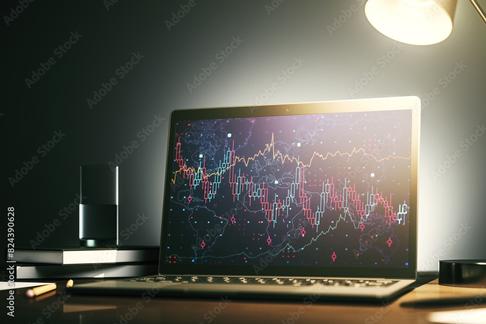 Aufkleber modern computer screen with abstract financial diagram, banking and accounting concept. 3d rendering