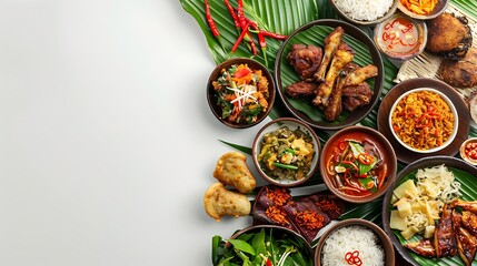 Authentic Indonesian Food Variety in Top-Down View on White Background | Vibrant 8K Image Displaying Traditional Cuisine