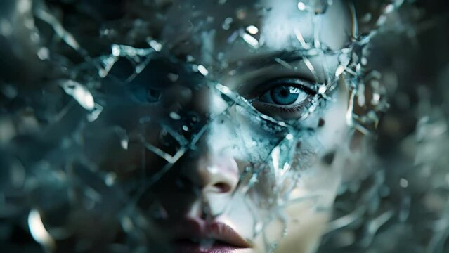 A shattered mirror with a reflection of a persons face each piece of glass representing a different aspect of personal identity some broken and distorted due to neural changes..