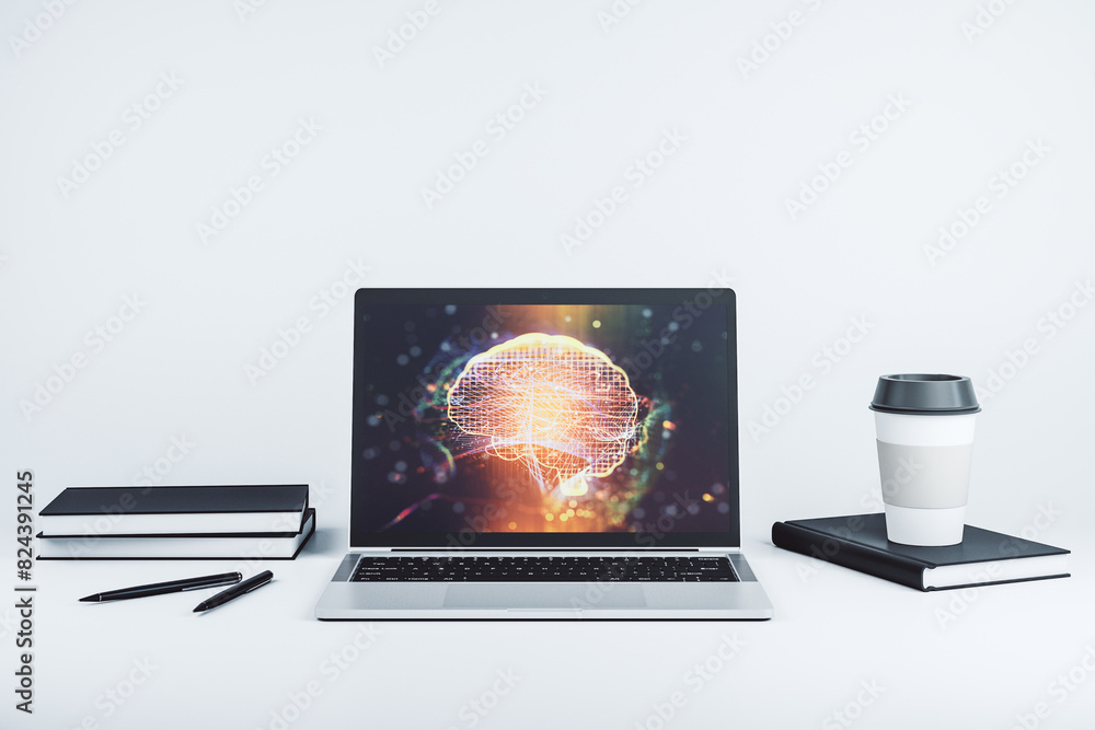 Poster creative artificial intelligence concept with human brain hologram on modern laptop screen. 3d rende
