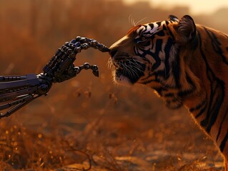 A Bionic Hand Reverently Touches the Nose of a Mighty Malayan Tiger in a Vast Untamed Wilderness Symbolizing the Coexistence of Technology and the
