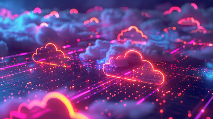 Tilted angle view of cloud computing infrastructure, vibrant cloud servers interconnected, digital glow, futuristic tech, photorealistic finish, sleek and modern design