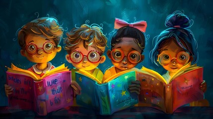 Colorful Cartoon Characters Joyfully Immersed in the Wonders of Reading and Literacy