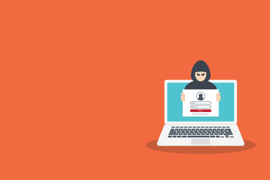 hacker stealing data from laptop, orange background clip art preview