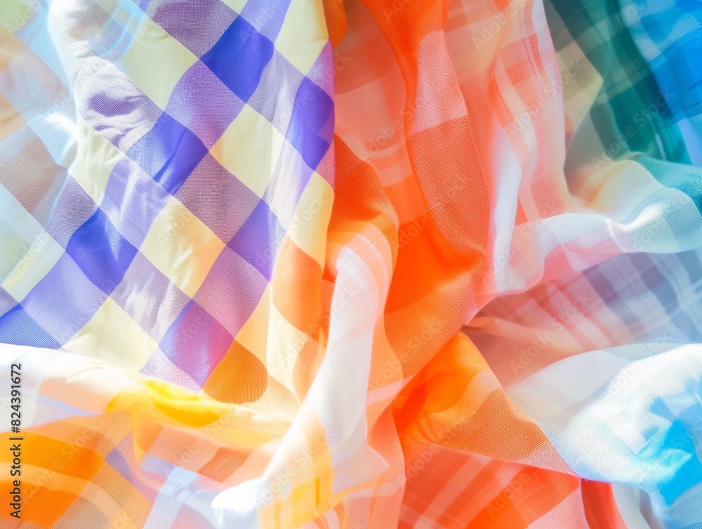 Aufkleber Colorful Display of Vibrant Gingham and Check Cotton Fabric Patterns in Abstract Textile Art Composition
