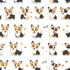 Seamless pattern of Corgis Engage in Playful Antics: A Charming Digital of Small Cartoon Dogs in Vibrant Colors and Silly Poses