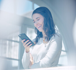 Woman, phone and laughing for meme in home, social media and search on internet for funny joke....