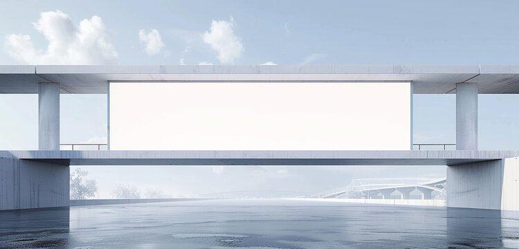 Realistic 3D render of a minimalist bridge with a blank billboard for impactful riverfront ads, accented with a light border.