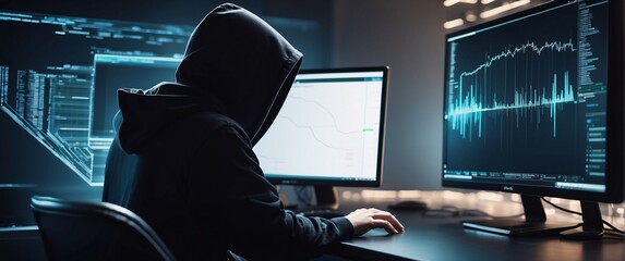 hacking with a mesmerizing depiction of an anonymous hacker, their back presented in a half-turn, wearing a hoodie, seated in front of a commanding monitor, engrossed in the process of deciphering
