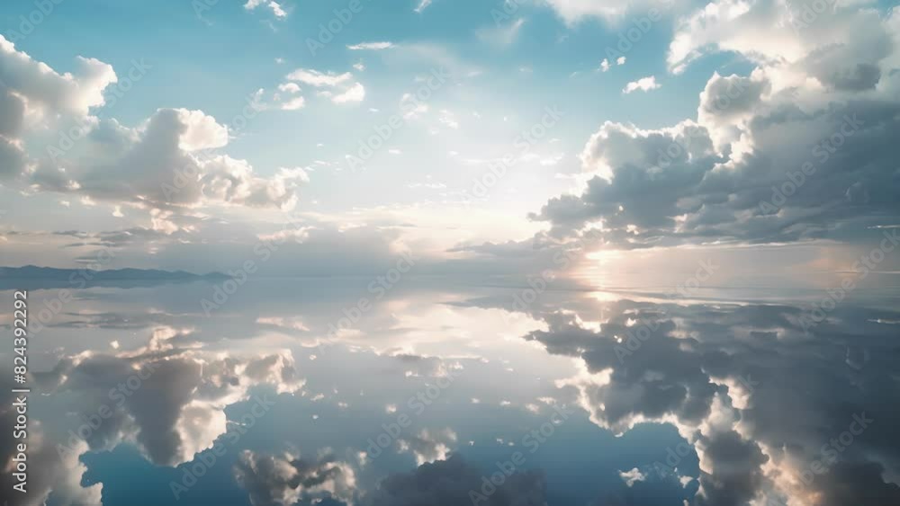 Wall mural a tranquil scene of soft pastel clouds reflected on the vast expanse of salar de uyuni.