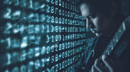 A person playing guitar overlaid with binary code, symbolizing the convergence of technology and music in a digital age.
