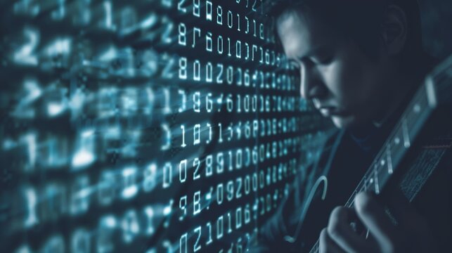 A person playing guitar overlaid with binary code, symbolizing the convergence of technology and music in a digital age.