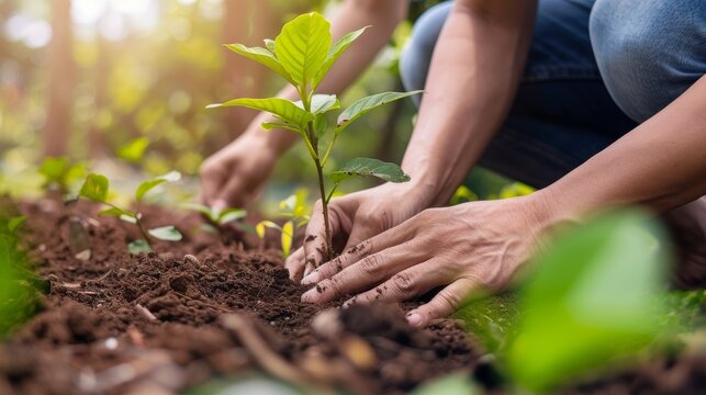 Close-up of hands planting a young tree in the soil, symbolizing reforestation, environmental care, and sustainable gardening practices.