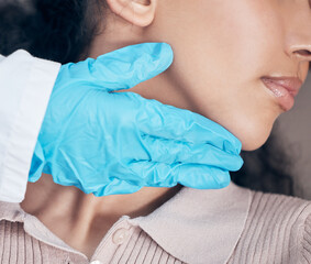 Hand, face or dermatology doctor in exam for plastic surgery, beauty or lip treatment in clinic...